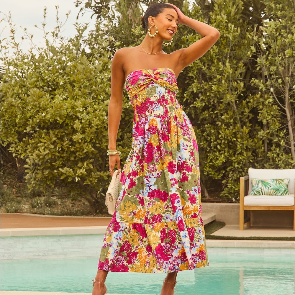Vici Lynelle Strapless Floral Smocked Midi Dress